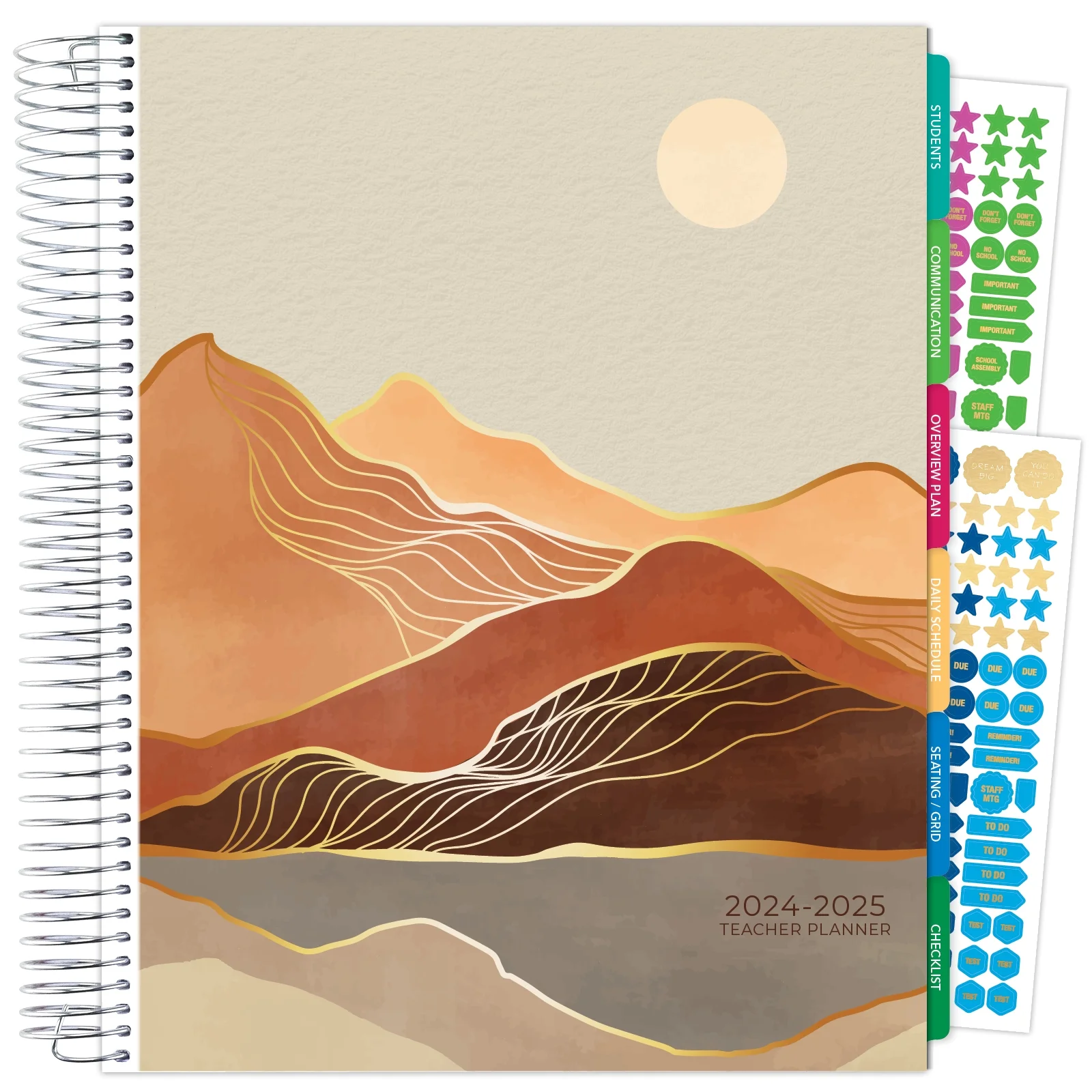 Aug 2024-Jul 2025 Deluxe Teacher Lesson Planner Notebook 8.5x11 Daily Weekly Monthly Organizers with 7 Periods, Pocket Folder, Dated Calendar, Page Tabs, Bookmark & Planning Stickers, Golden Desert
