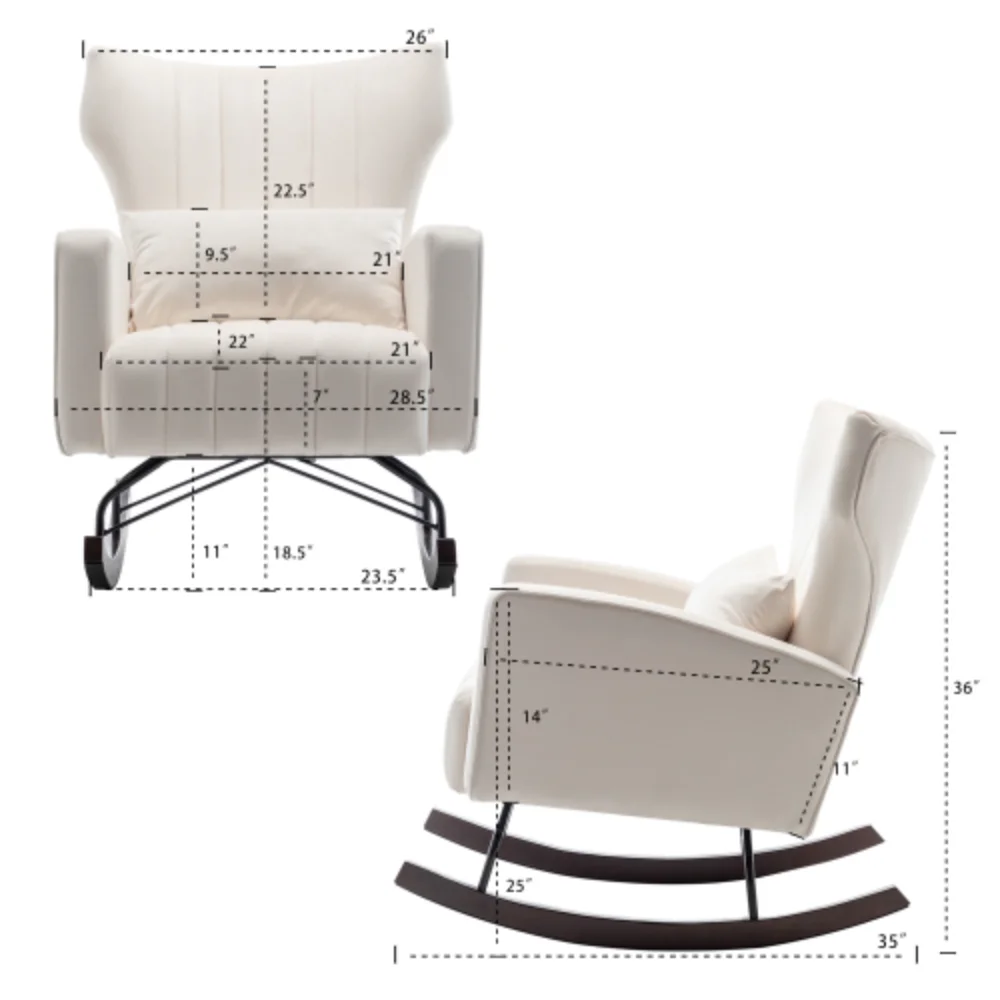 Accent Rocking Chair with with Solid Metal Legs, Upholstered Comfy Glider Rocker for Reading, Bedroom and Living Room Beige + Velvet