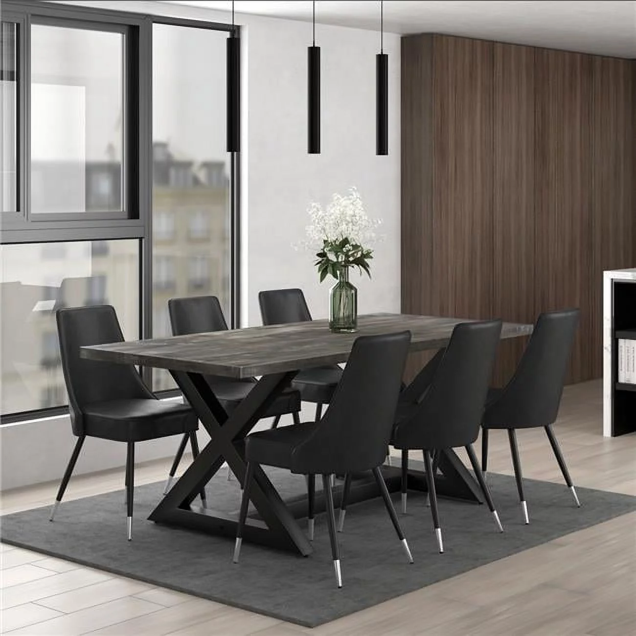 Worldwide Homefurnishings 207-147DG-429GY Zax & Silvano Dining Set in Black with Grey Chair - 7 Piece
