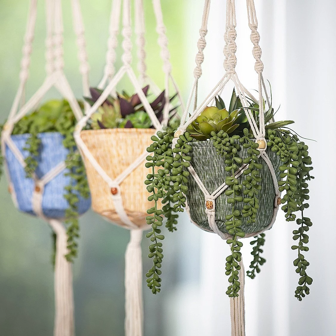 Olivia Fabric Planter with Macrame Holder, Blue