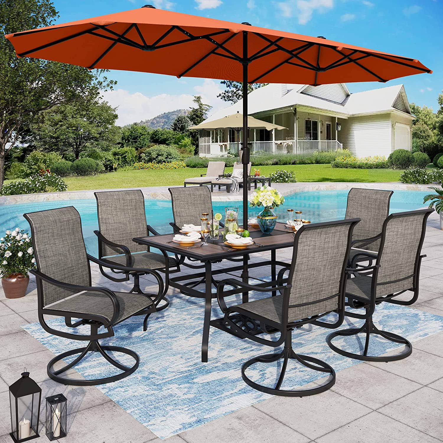 & William Patio Dining Set 8 Pieces Outdoor Metal Furniture Set with 13ft Double-Sided Patio Umbrella Beige  6 x Swivel Patio Dining Chairs  1 Wood Like Umbrella Table for Patio Lawn