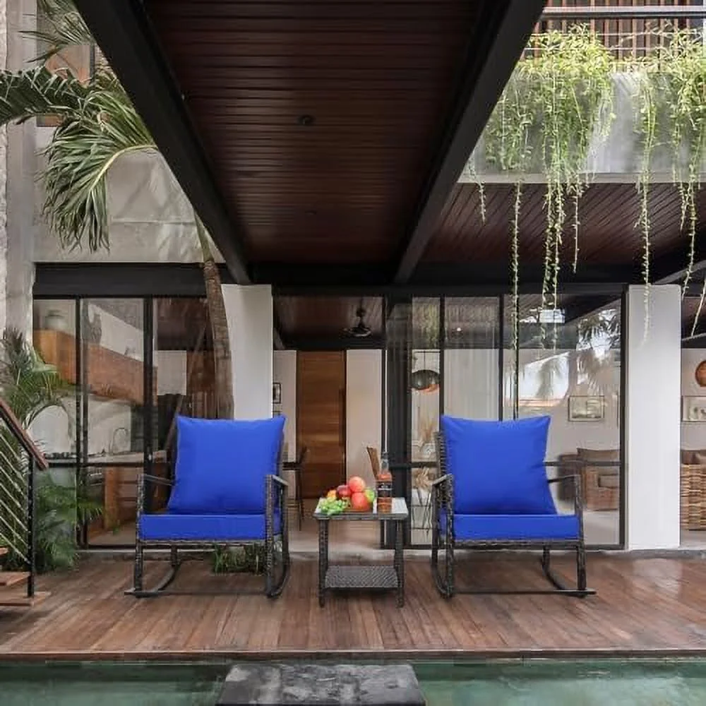 ASDRFYU Patio PE Wicker Rocking Chair 3 Piece Outdoor  Conversation  Dark Brown Rattan with Glass Coffee Table  Khaki Cushion