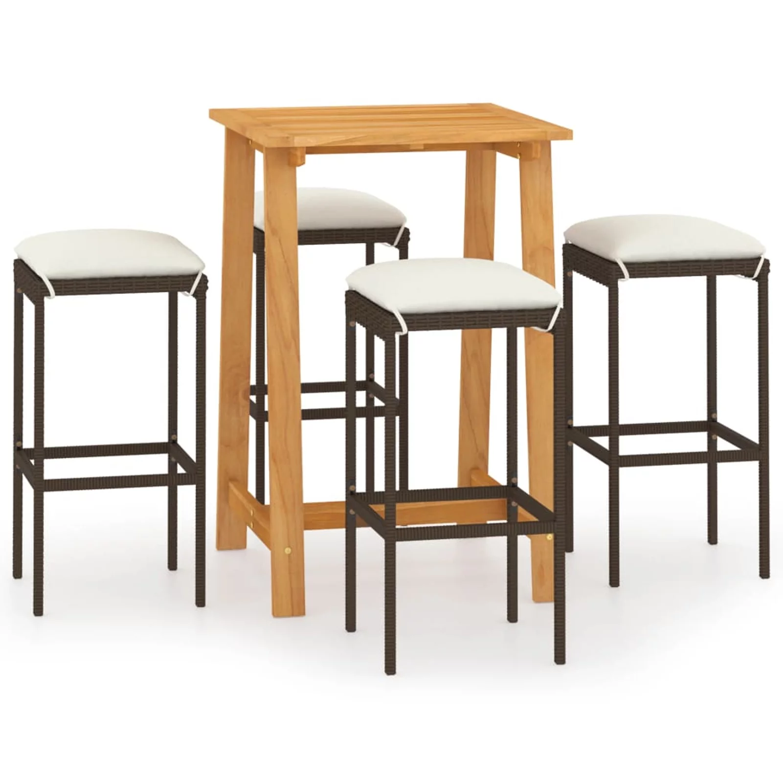 Dcenta 5 Piece Patio Bar Set Acacia Wood Table and 4 Bar Stool Chairs with Cream Cushion Steel Frame Brown for Patio, Balcony, Garden,  Furniture