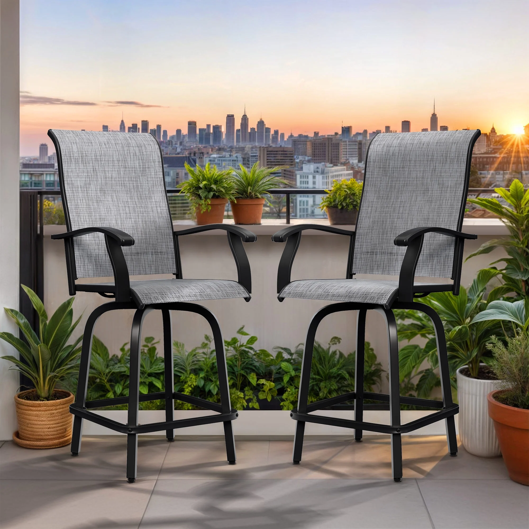 Wooflex High Back Swivel Bar Stools Set of 2, All Weather Outdoor Patio Swivel Chairs with Breathable Textilene and Metal Frame for Garden Backyard Deck, Gray