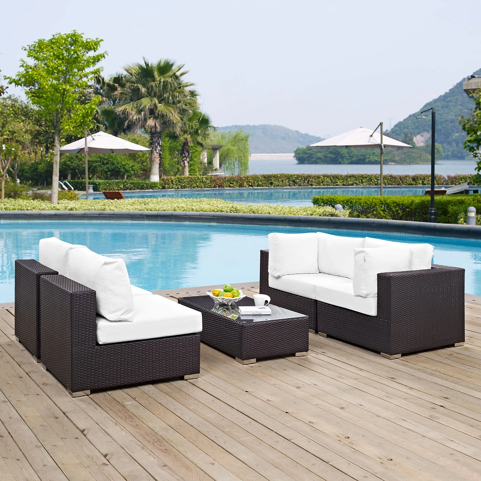 Modern Contemporary Urban Design Outdoor Patio Balcony Five PCS Sectional Sofa Set, White, Rattan