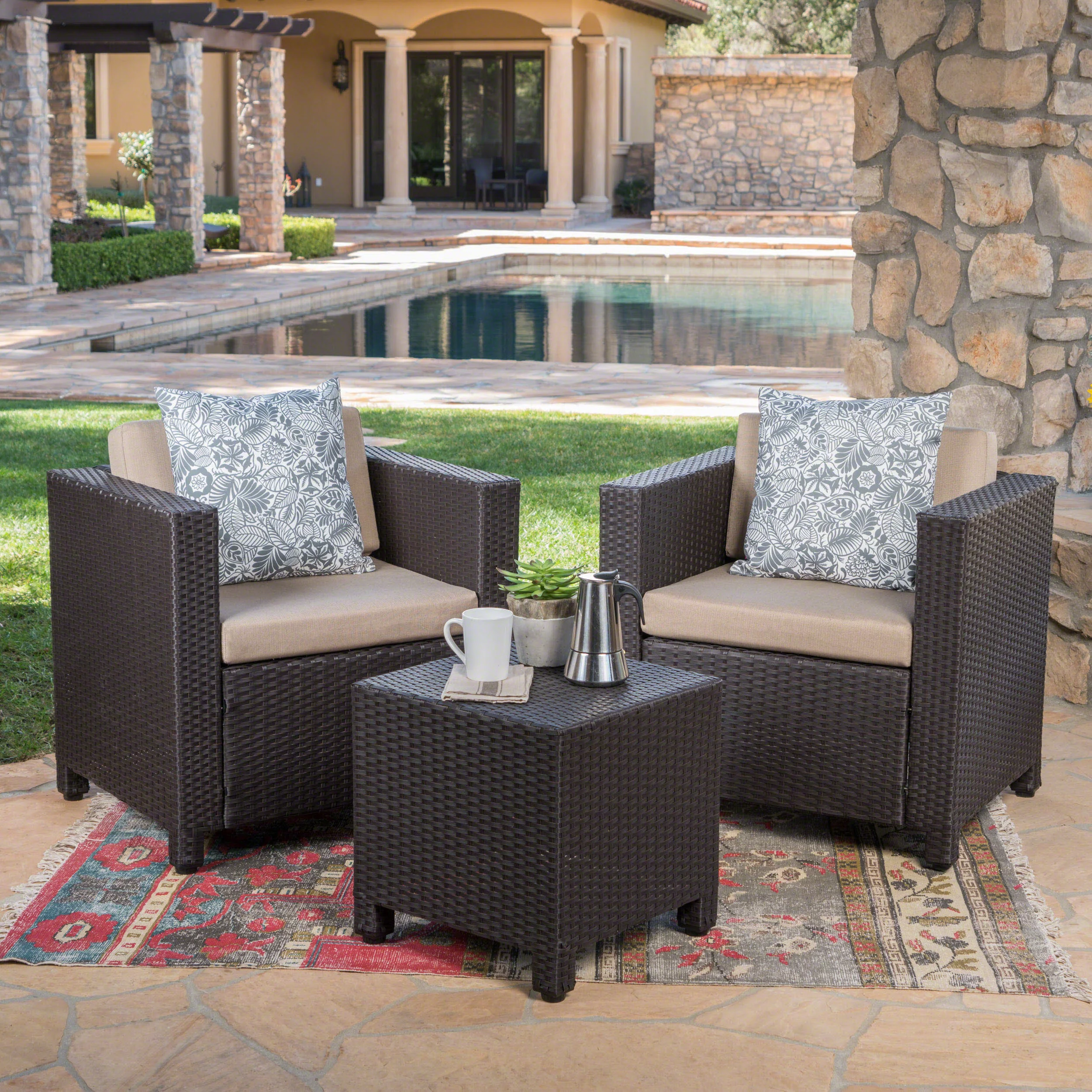Cascada Outdoor 3 Piece Wicker Club Chair and Table Set with Cushions, Dark Brown, Beige