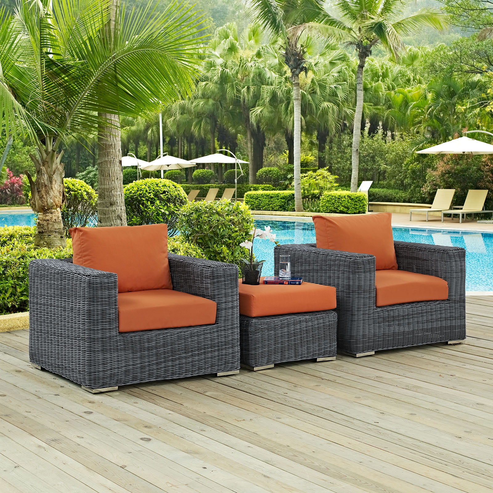 Lounge Armchair Table Set, Orange, Rattan, Wicker, Outdoor Patio Balcony Cafe Bistro Garden Hospitality Restaurant, Modern Contemporary HB32782