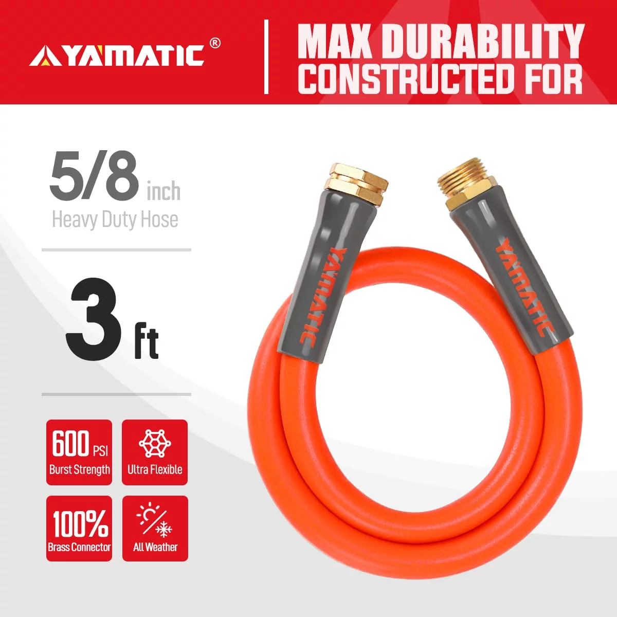YAMATIC Short Garden Hose 5/8 in x 3 ft, Flexible Leader Hose, Heavy Duty Water Hose
