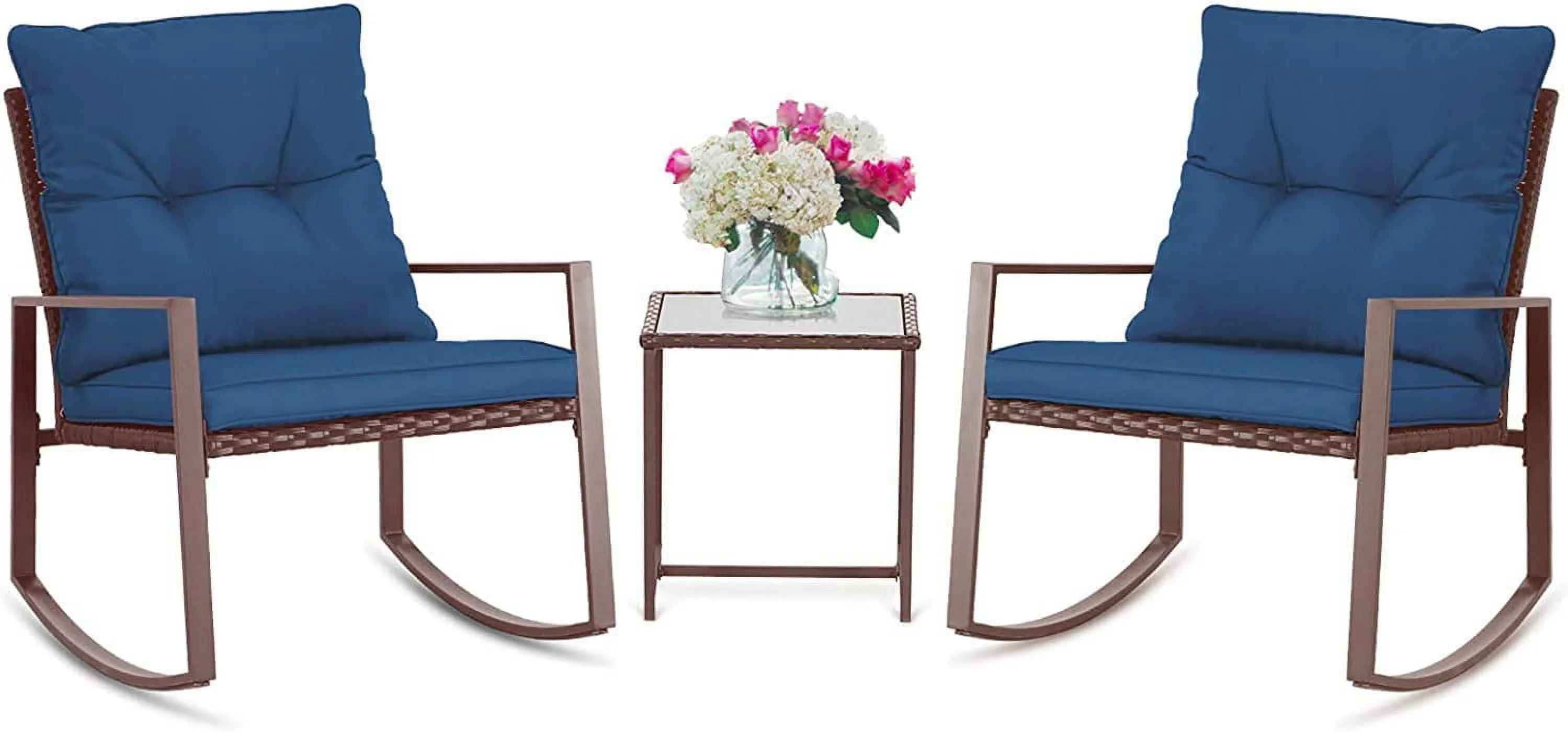 3 Piece Outdoor Rocking Bistro Set Brown Wicker  Porch Chairs Conversation Sets with Glass Coffee Table  Dark Grey