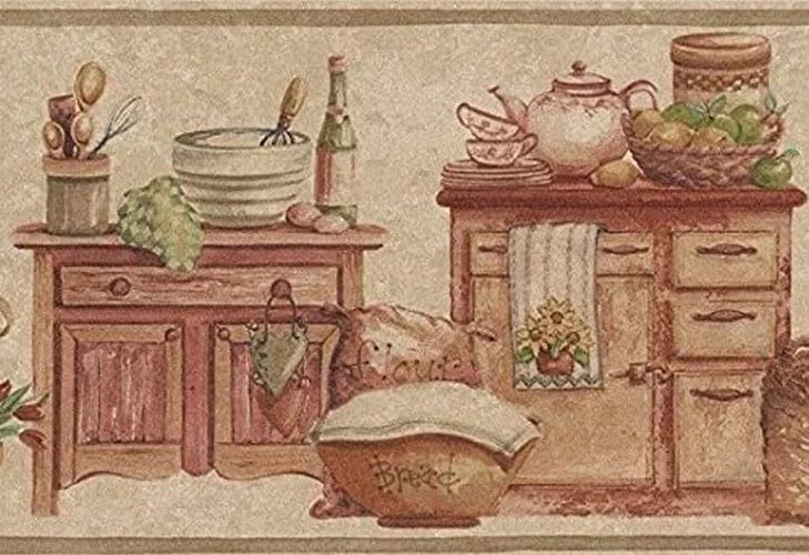 Concord Wallcoverings Wallpaper Border Kitchen Pattern Wooden Furniture Food Cookware Flowerpots Firewood in Baskets for Kitchen, Beige Brown Red Green ,7 Inches by 15 Feet BT77728