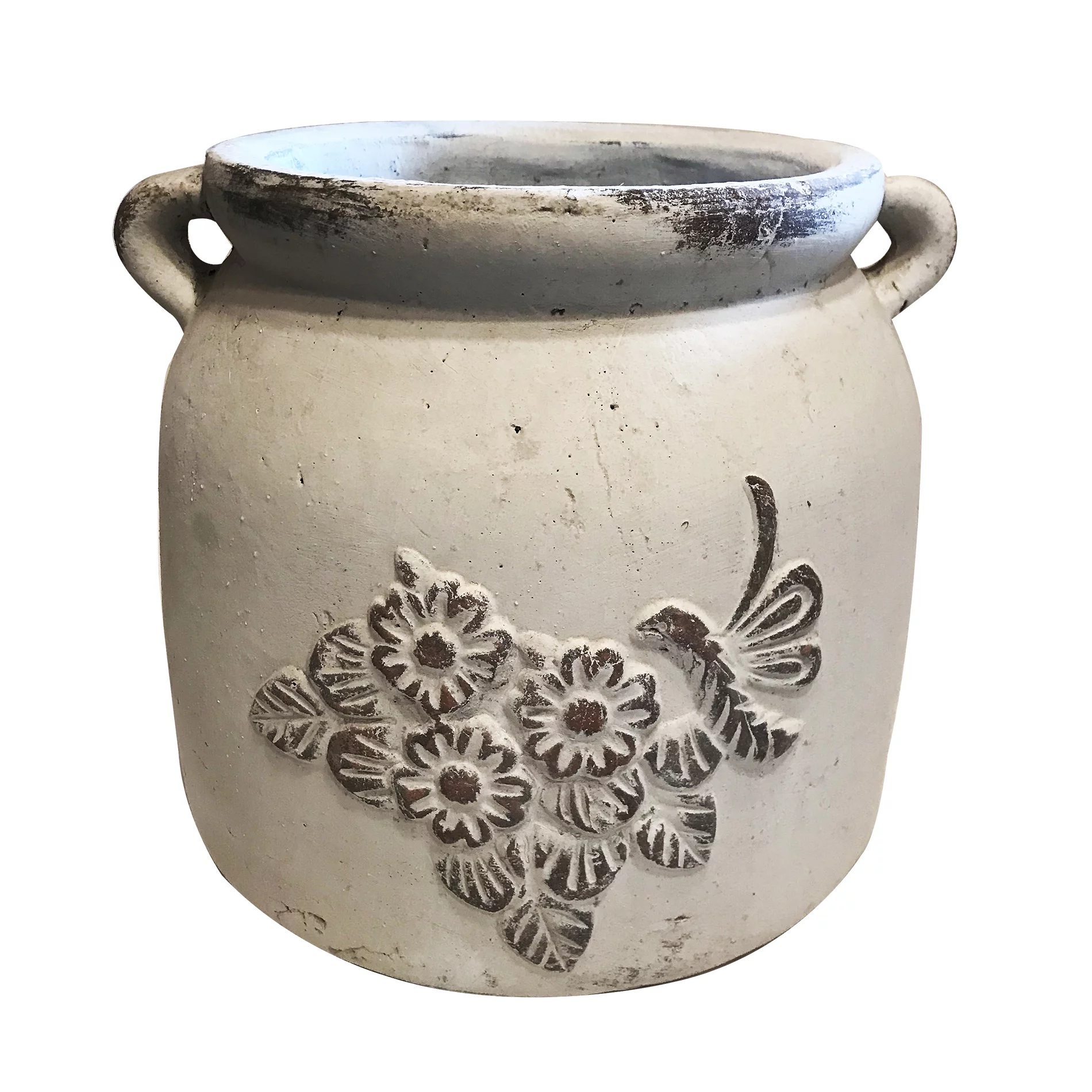 Heavy Hand Pressed Ancient Stressed Round Flower Pot or Planter with Loop Handles 2 colors available, Vintage white