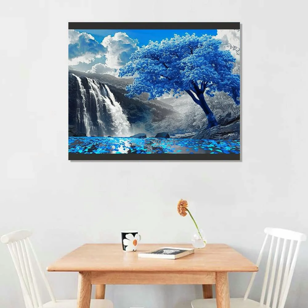 CANFLASHION Nature Landscape Canvas Wall-Art for Living Room - Waterfall Pictures for Wall - Blue Tree Wall Decor Ready to Hang