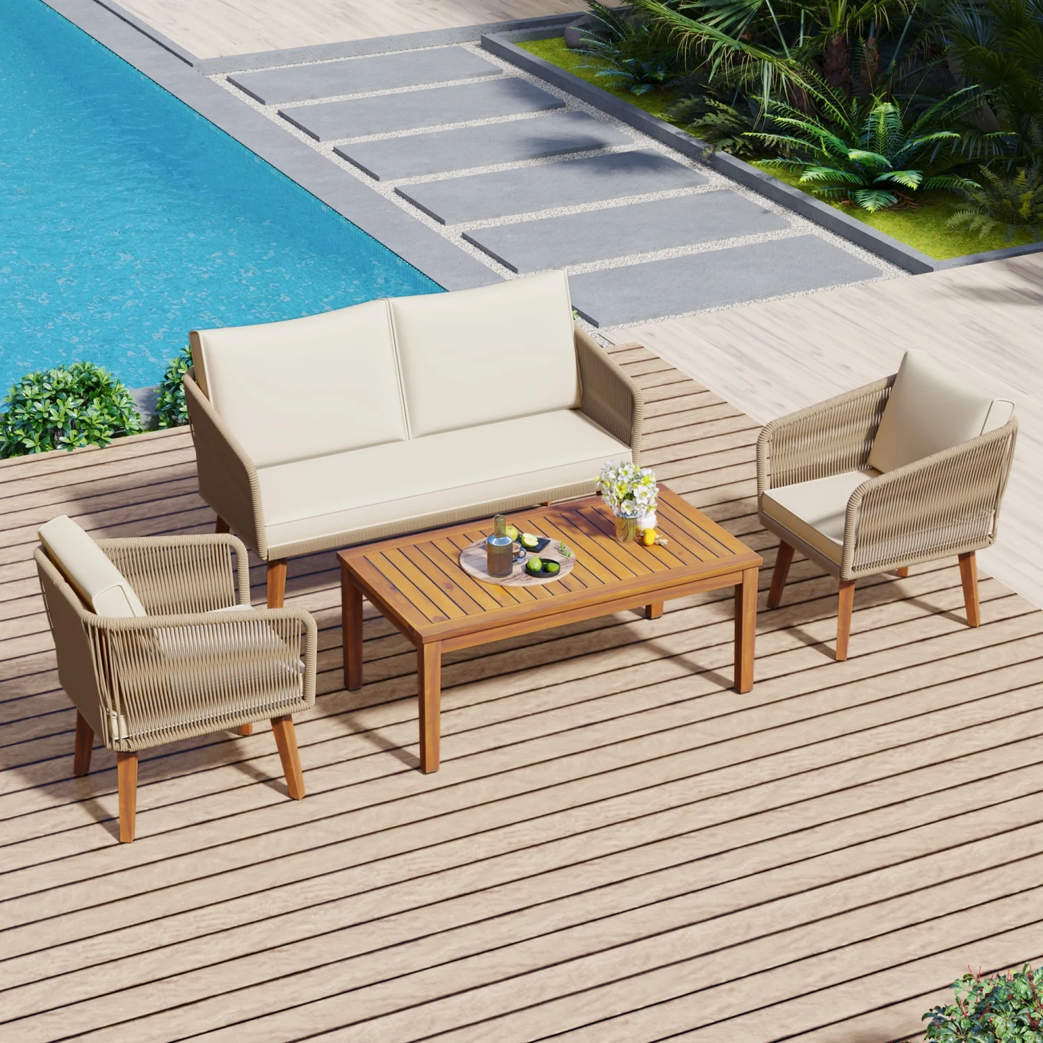 TREXM 4-Piece Patio Conversation Set  Solid Wood Loveseat  2 Chairs and Table  Outdoor Conversation Group with Cushions for Backyard  Poolside  Garden (Beige Cushion + Natural Rope)