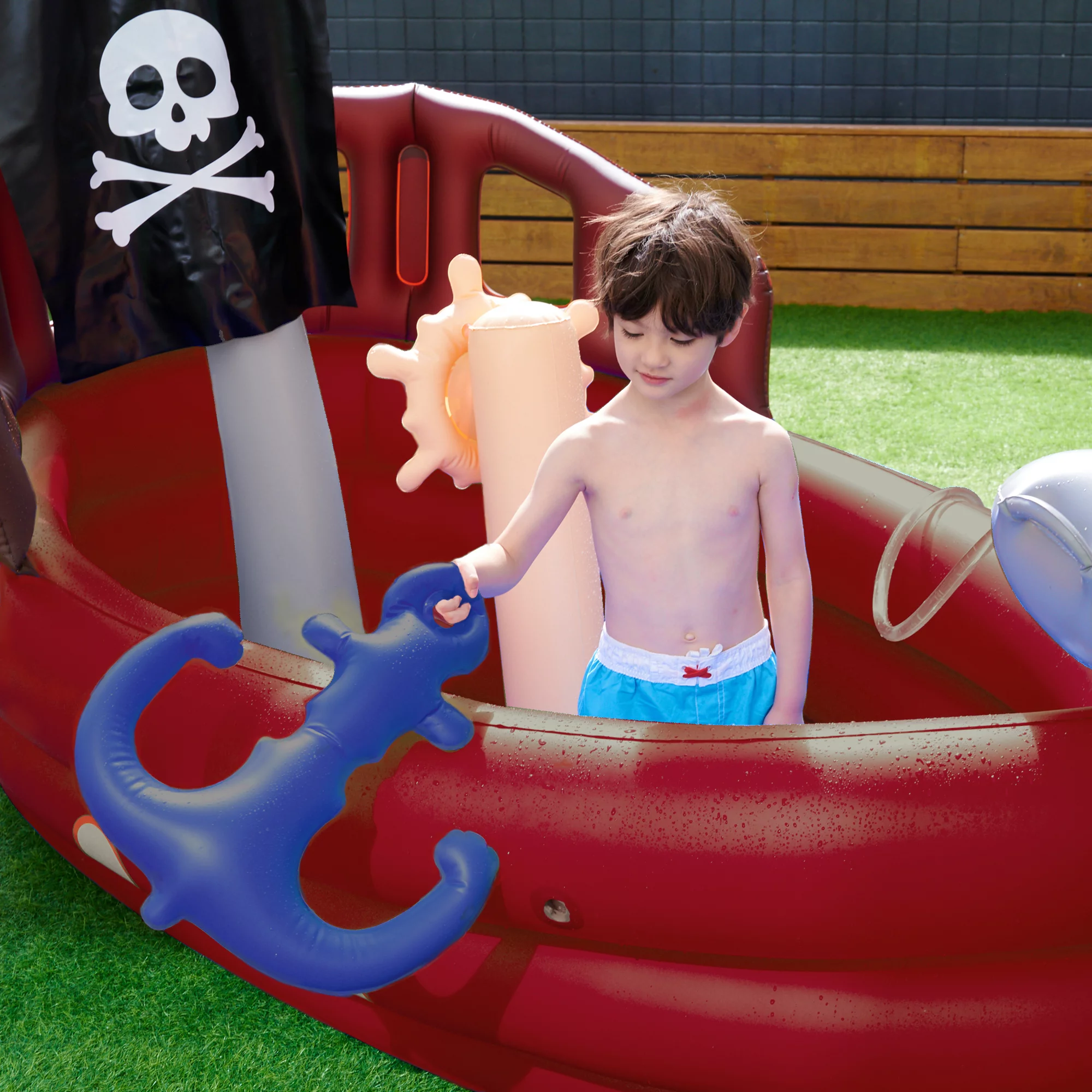 Teamson Kids - Water Fun Pirate boat Inflatable Sprinkler Play Center with pump - Red