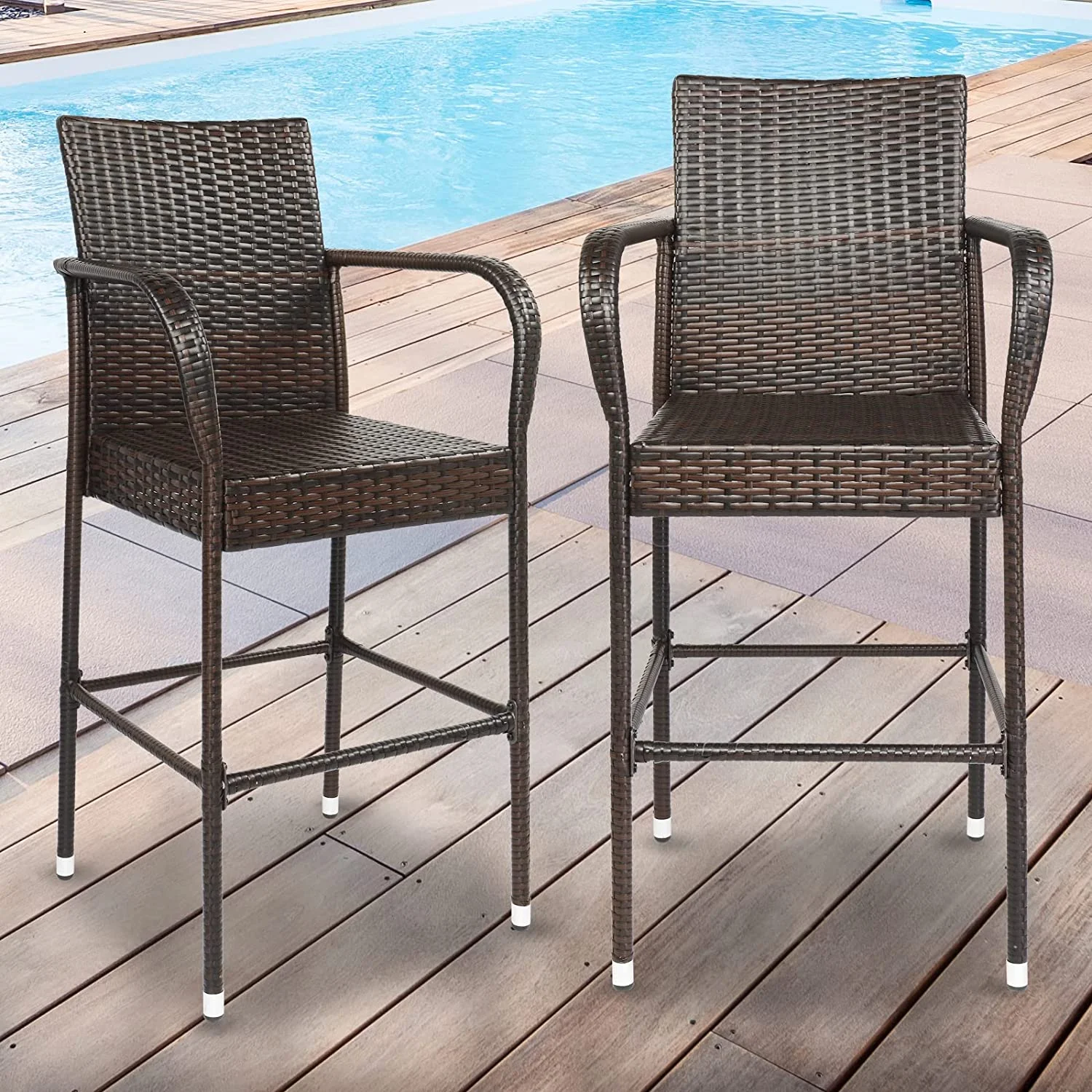 SJOPLMN Patio  Stools Wicker Barstools   All Weather Counter Height  Chairs Outdoor  Stool Patio  with Footrest and Armrest for Garden Pool Lawn Backyard
