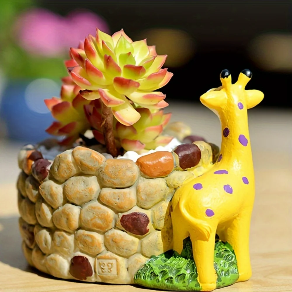 NSXXKJ Classic Style Resin Giraffe & Pebble Design Succulent Planter Bowl - Decorative Tabletop Moss Micro Landscape Animal Flower Pot for Balcony Garden