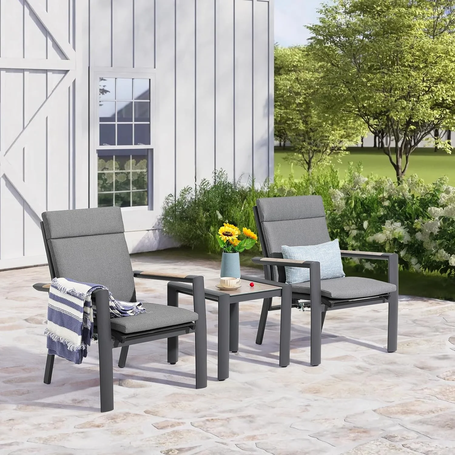 Dina 3 Piece Aluminum Patio Furniture Set  Adjustable Recliner Chairs Bistro Set w/Teak Wood Top Armrest & Glass-Ceramic Top Table  Outdoor Conversation Set w/Removable Cushion  Dark-