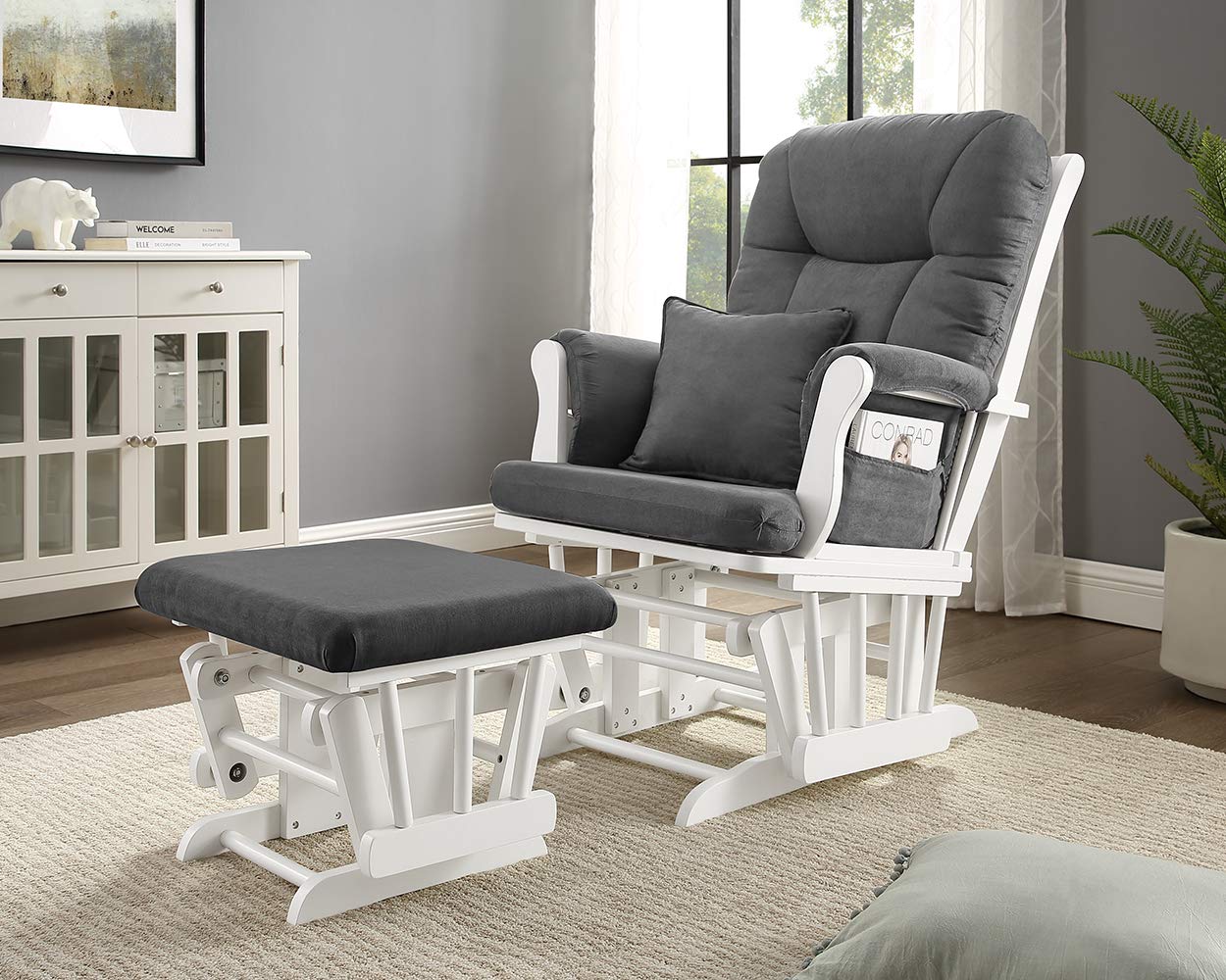 YANRUI Monterey Glider & Ottoman, White Finish - Dark Grey Cushion