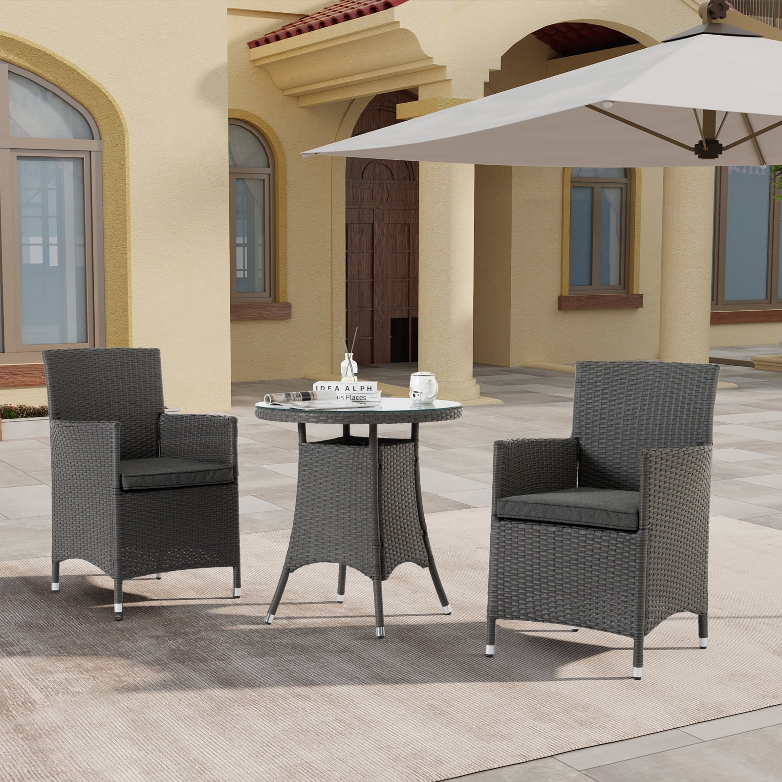 3 Piece Outdoor Dining Set All-Weather Wicker Patio Dining Table and Chairs with Cushions, Round Tempered Glass Tabletop for Patio Backyard Porch Garden Poolside