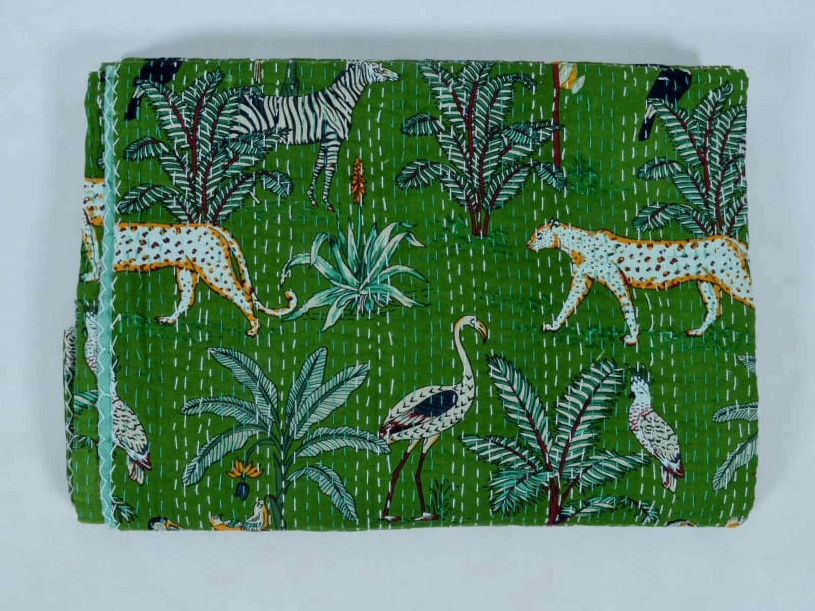 Green Animal Print Quilt Queen Kantha Quilt Bedspread Cotton Blanket Indian Bed Cover Bohemian Quilt Kantha Quilt Queen Size