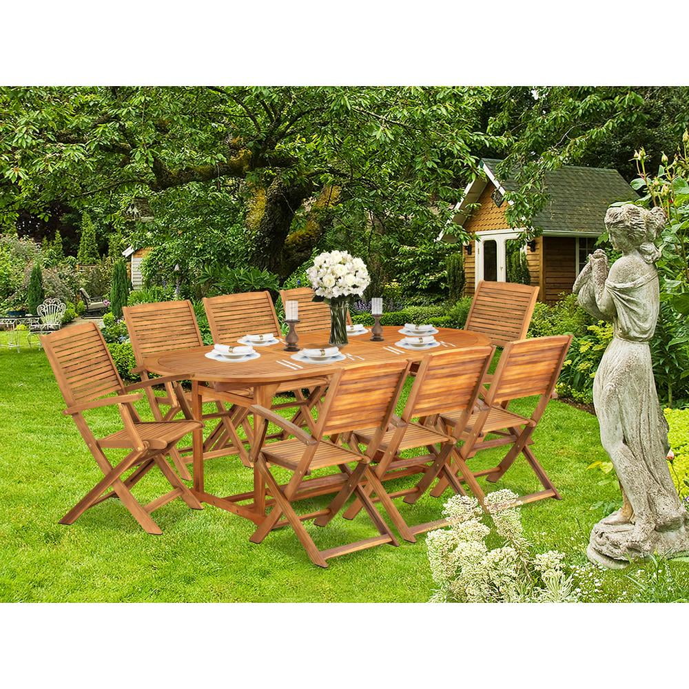 East West Furniture 9 Piece Patio Dining Set, 36x78, Natural Oil
