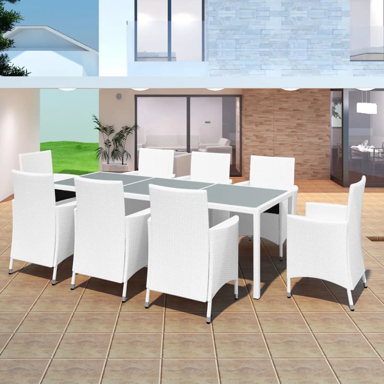 ametoys 9 Piece Patio Dining Set Poly Rattan White