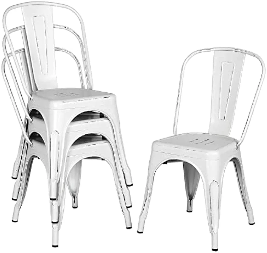 Metal Dining Chairs Indoor/Outdoor Coffee Kitchen Chairs Stackable Chic Dining Bistro Cafe Side Chairs Set of 4, Distressed White