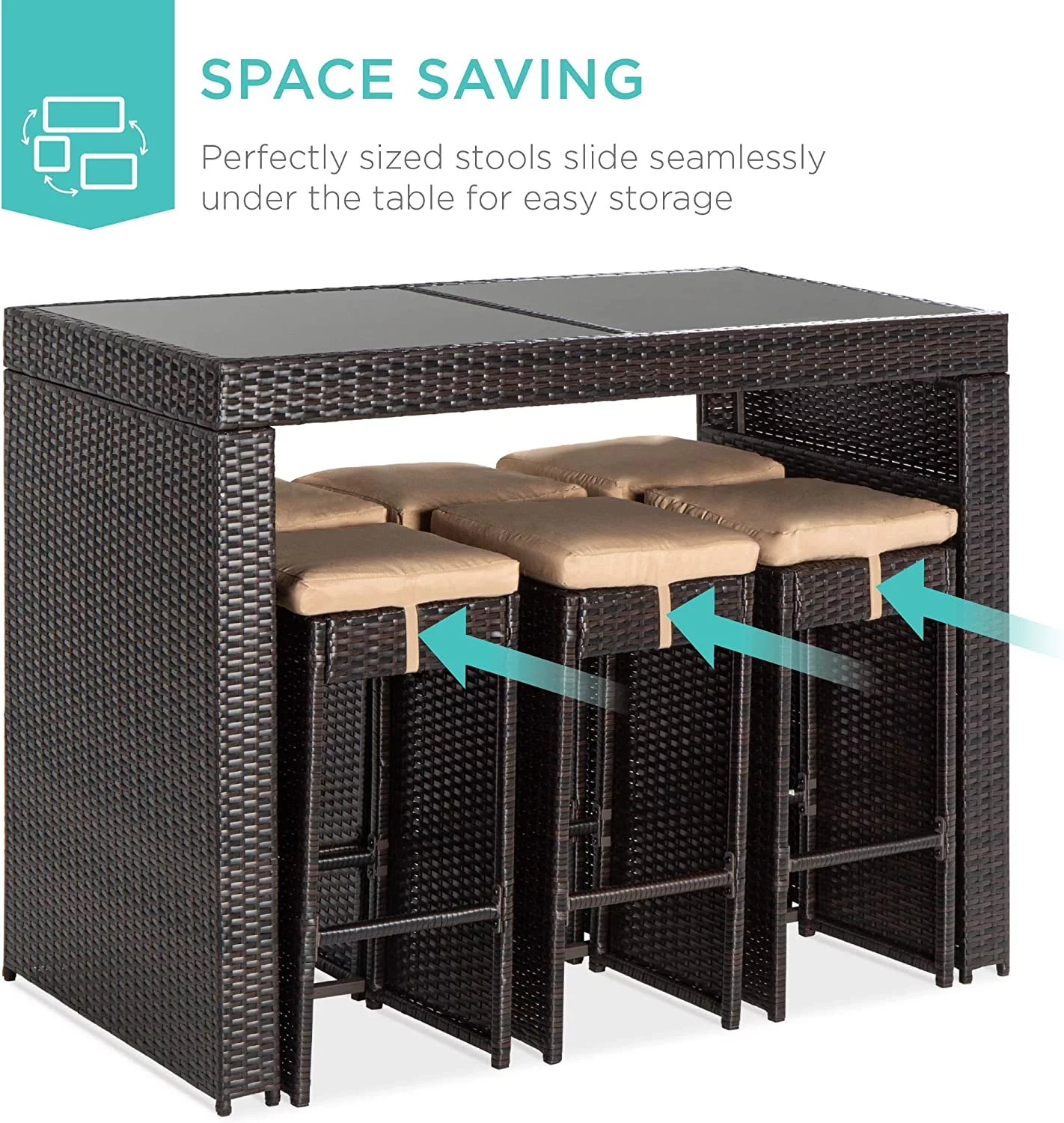 7-Piece Outdoor Wicker Bar Dining Set, Rattan Patio Furniture for Backyard, Garden w/Glass Table Top, 6 Stools, Removable Cushions - Brown/Beige