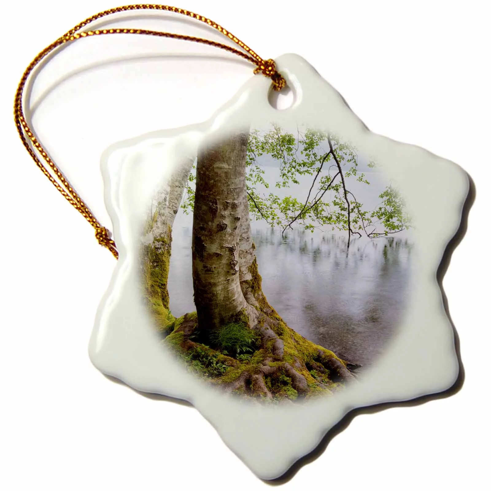 3dRose USA, Washington, Olympic NP. Alder trees overhanging Lake Crescent., Snowflake Ornament, Porcelain, 3-inch