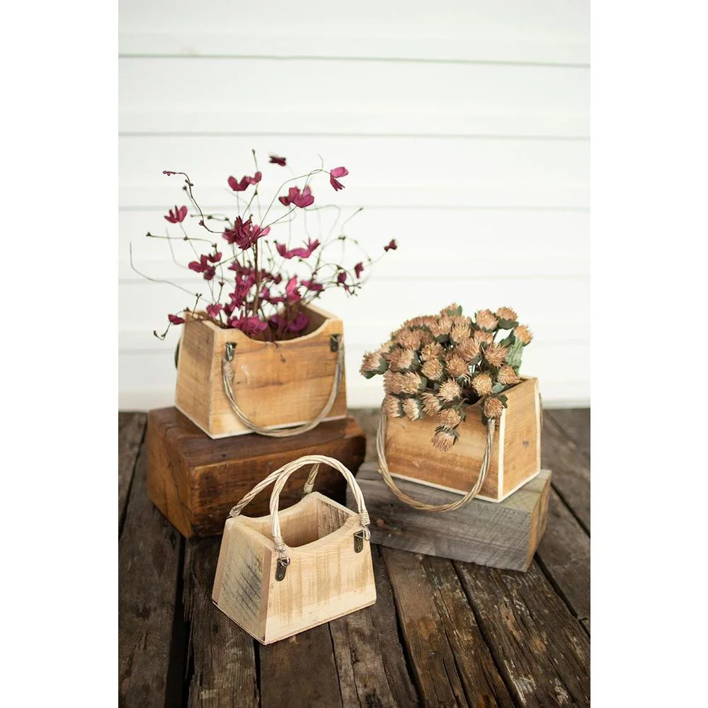 Kalalou Inc Set Of Three Rustic Recycled Wood Hand Bag Planters