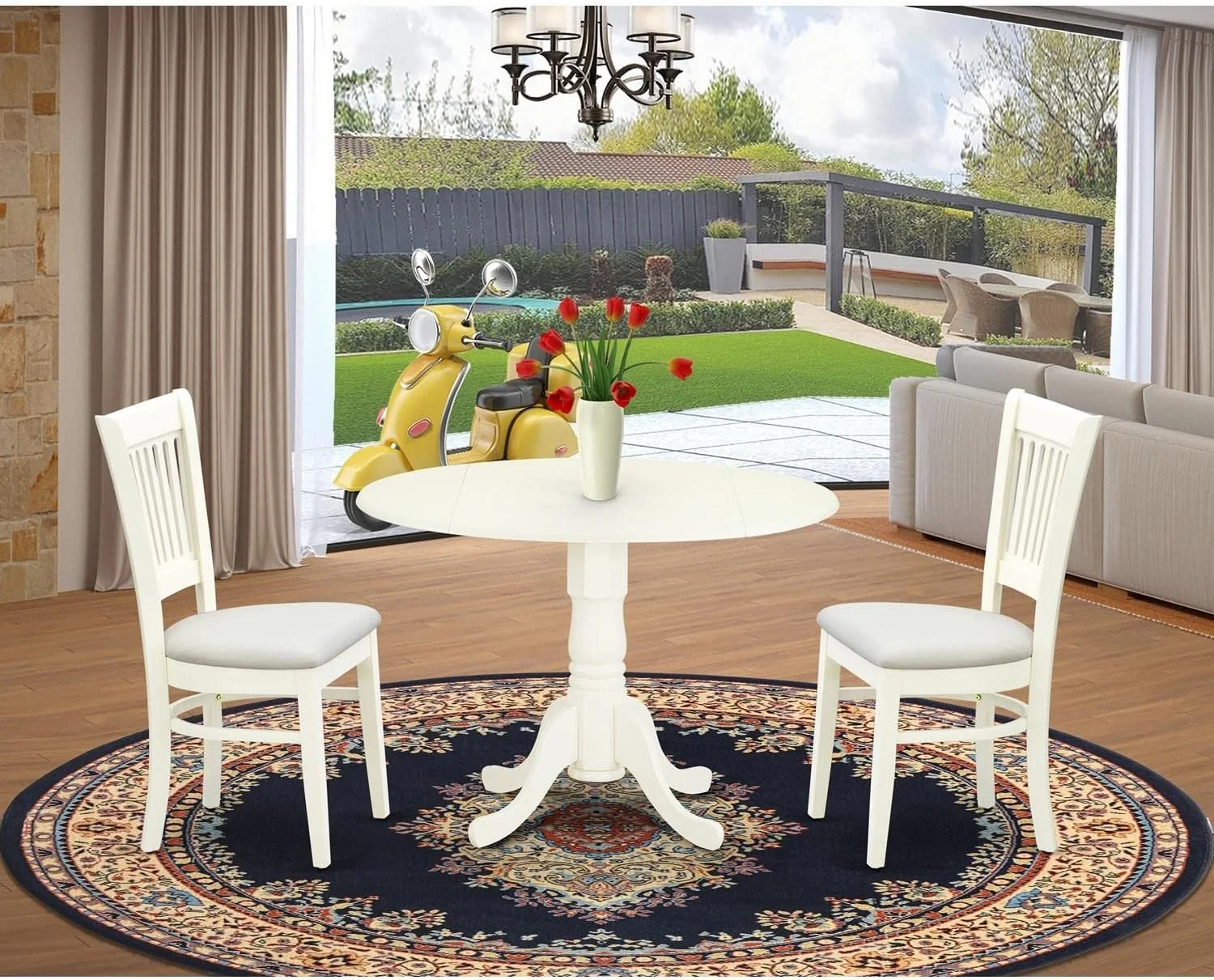 Dublin 3 Piece Modern Set Contains A Round Wooden Table With Dropleaf And 2 Fabric Upholstered Dining Chairs, 42X42 Inch, Linen White