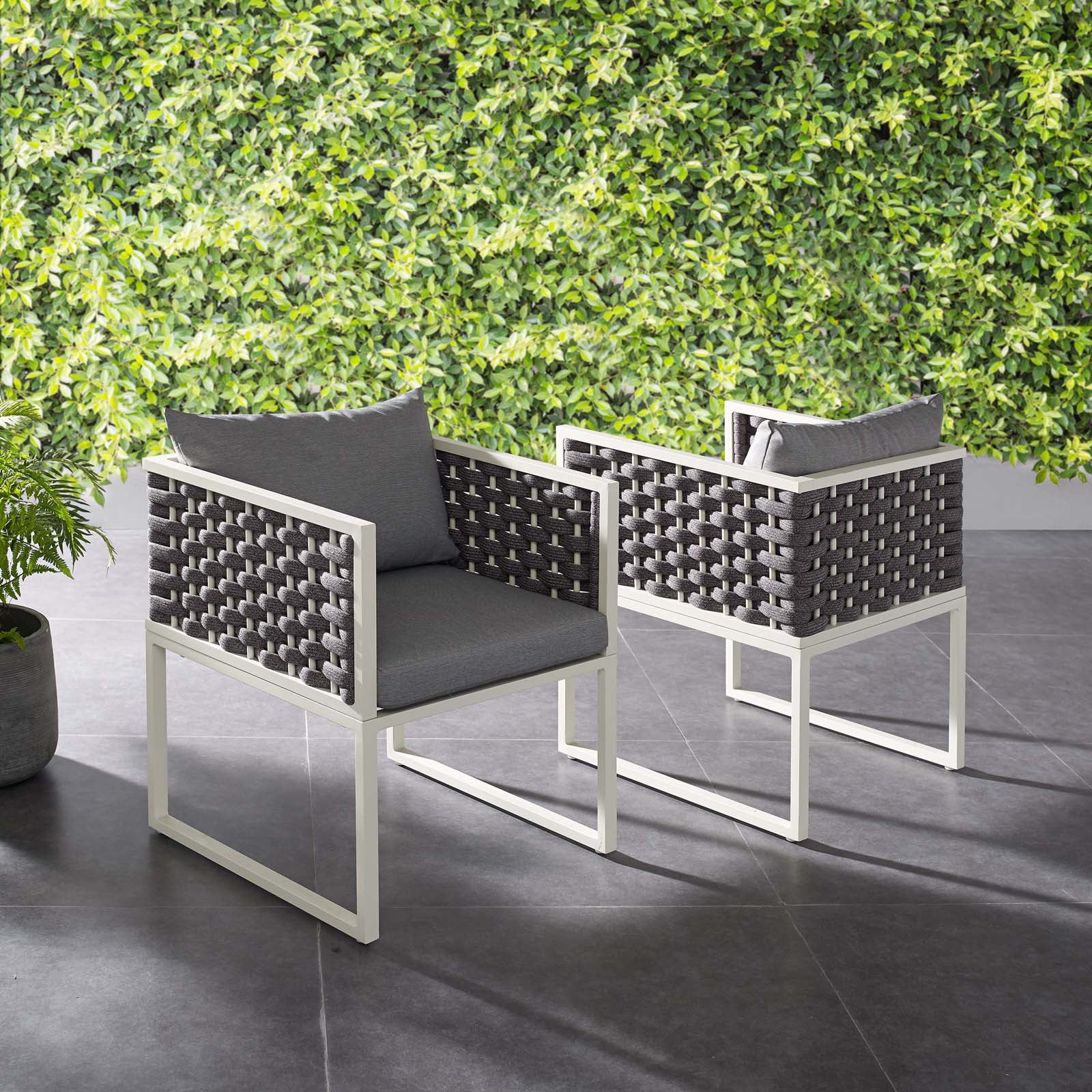 Modern Contemporary Urban Outdoor Patio Balcony Garden Furniture Side Dining Chair Armchair, Set of Two, Fabric Aluminium, White Grey Gray
