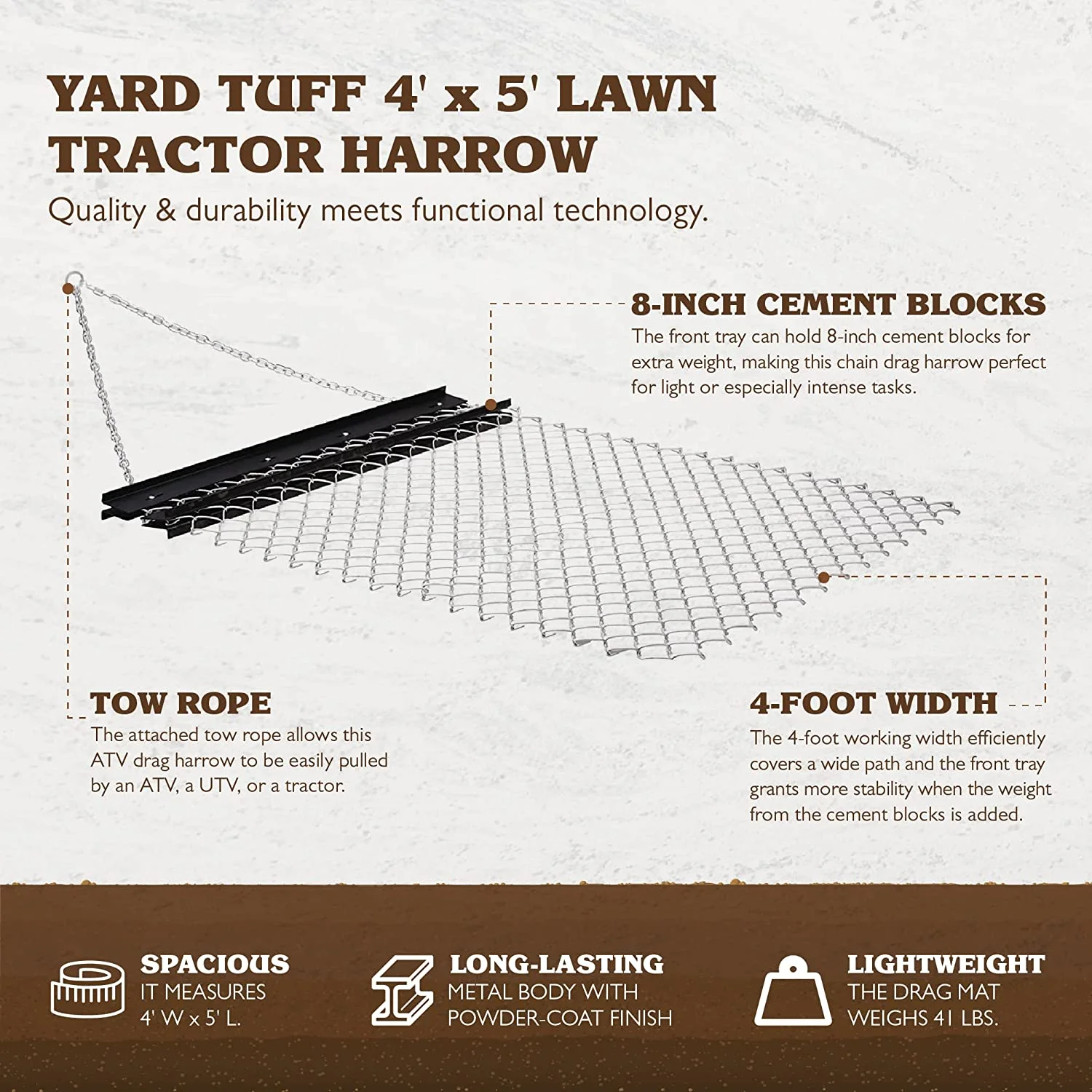 Yard Tuff 5 x 4 Foot Towable Steel Durable Rust Resistant Chain Rake Field Leveling ATV Drag Harrow with Galvanized Mesh Lining and Front Weight Tray