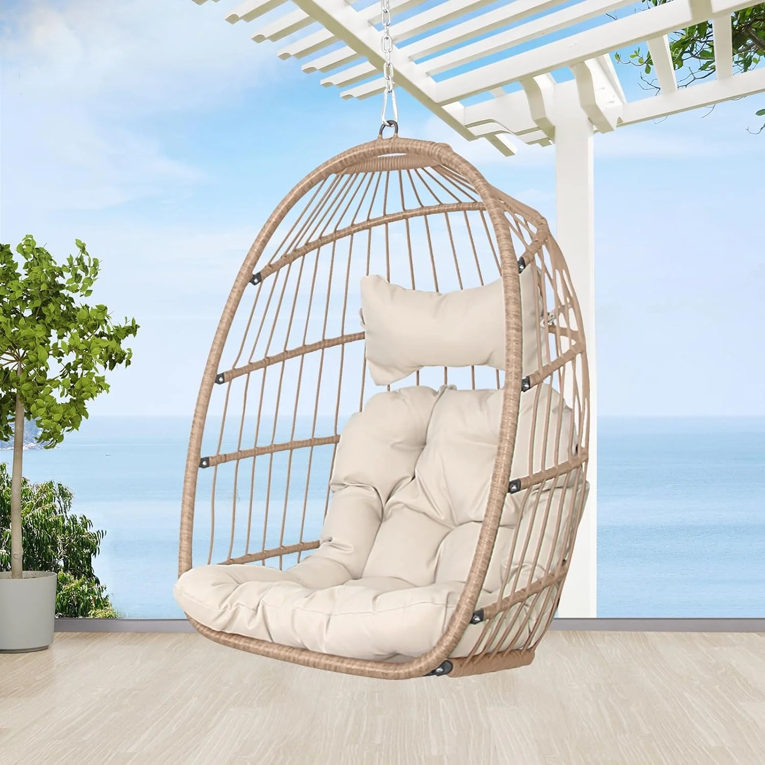 CHIDSL TUIONMJ Indoor Outdoor Wicker Hanging Egg Chair Without Stand Patio PE Rattan Tree TUIONMJ Hammock Egg Chairs TUIONMJ Stand UV Resistant Cushions (Beige)