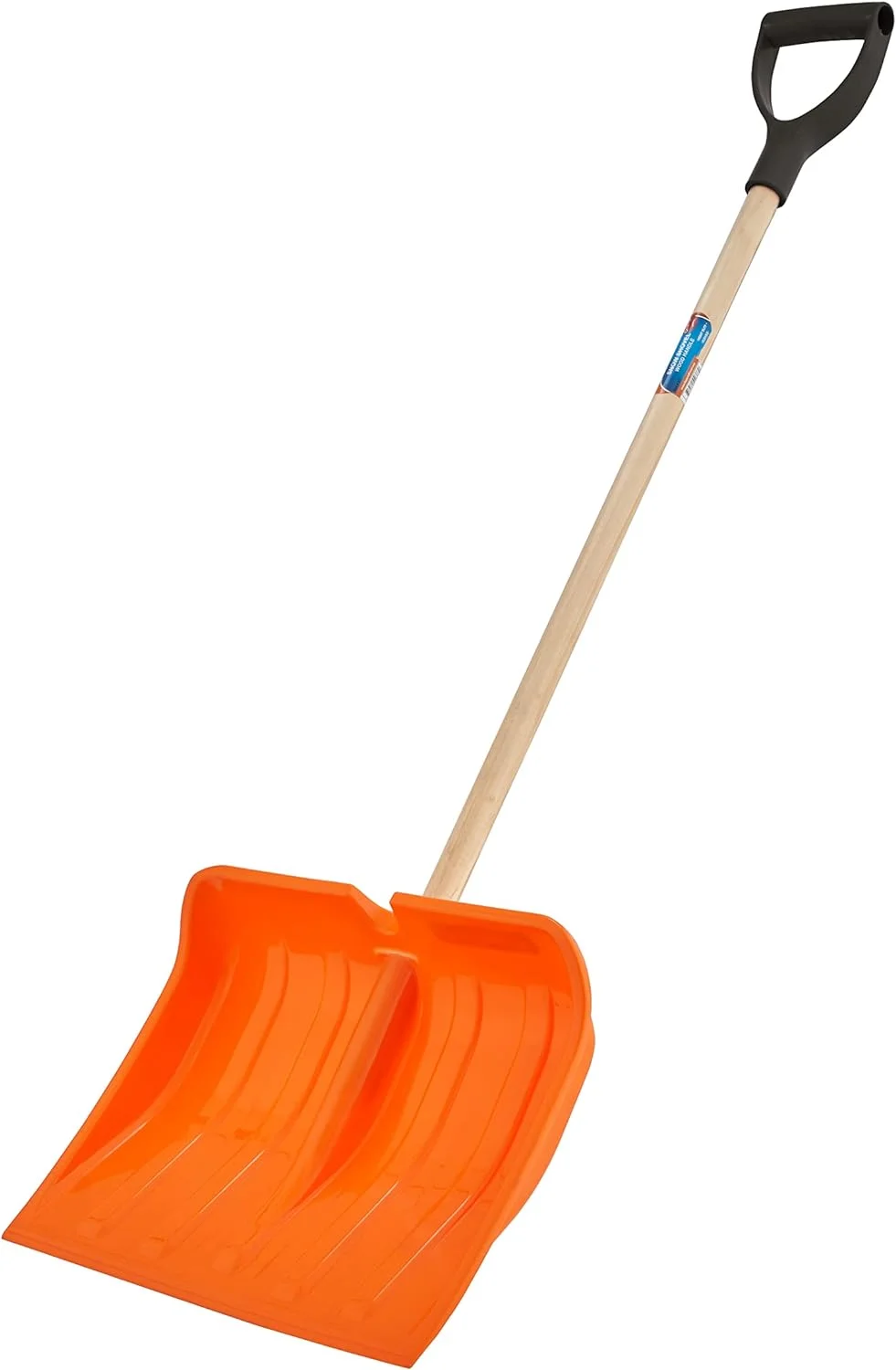 Plastic Snow Shovel For Driveway Snow Pusher Shovel For Snow Removel Heavy Duty Orange Shovel With Sturdy Wooden Handle -D-Shaped, 16