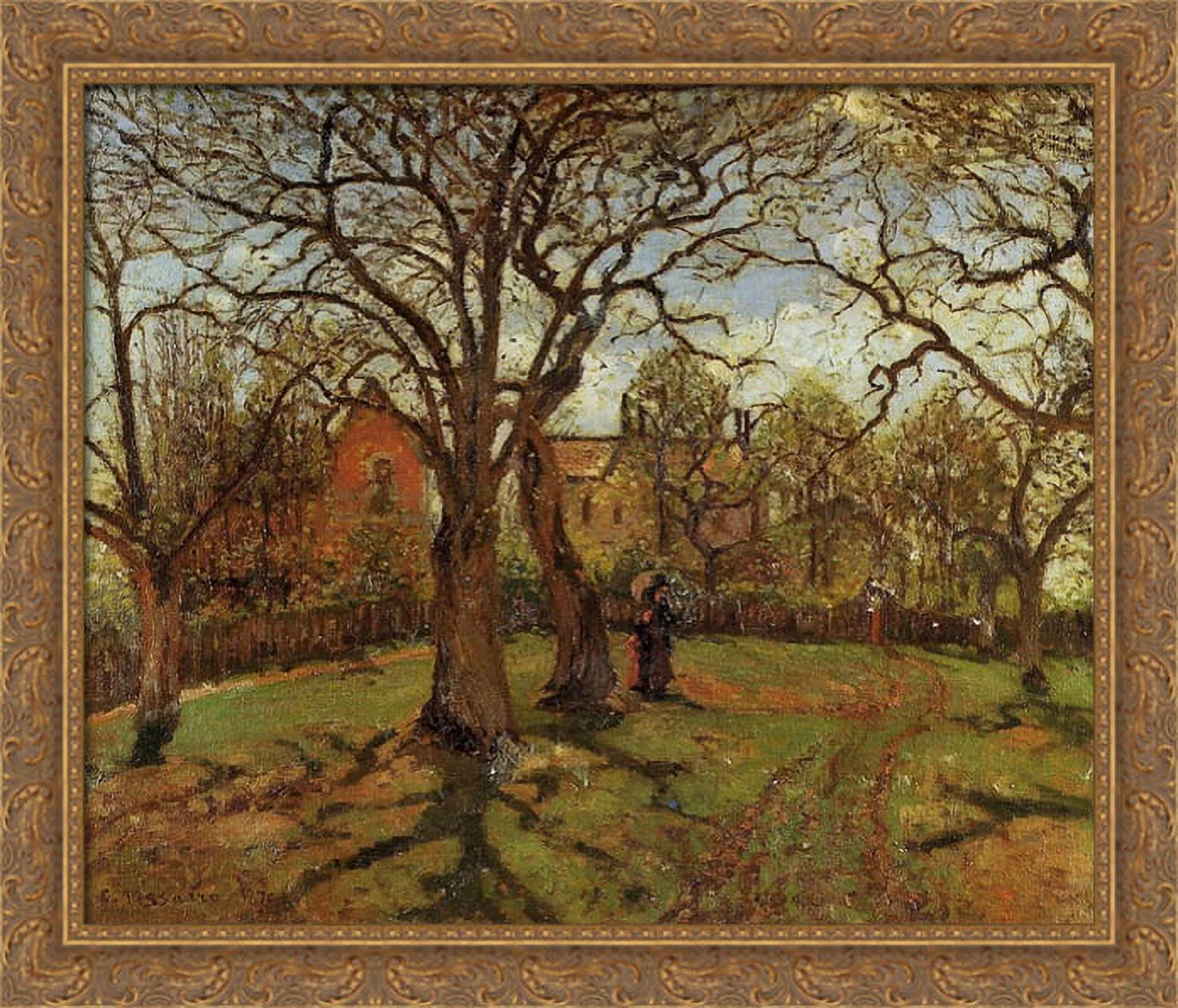 Chestnut Trees, Louveciennes, Spring 34x28 Large Gold Ornate Wood Framed Canvas Art by Camille Pissarro