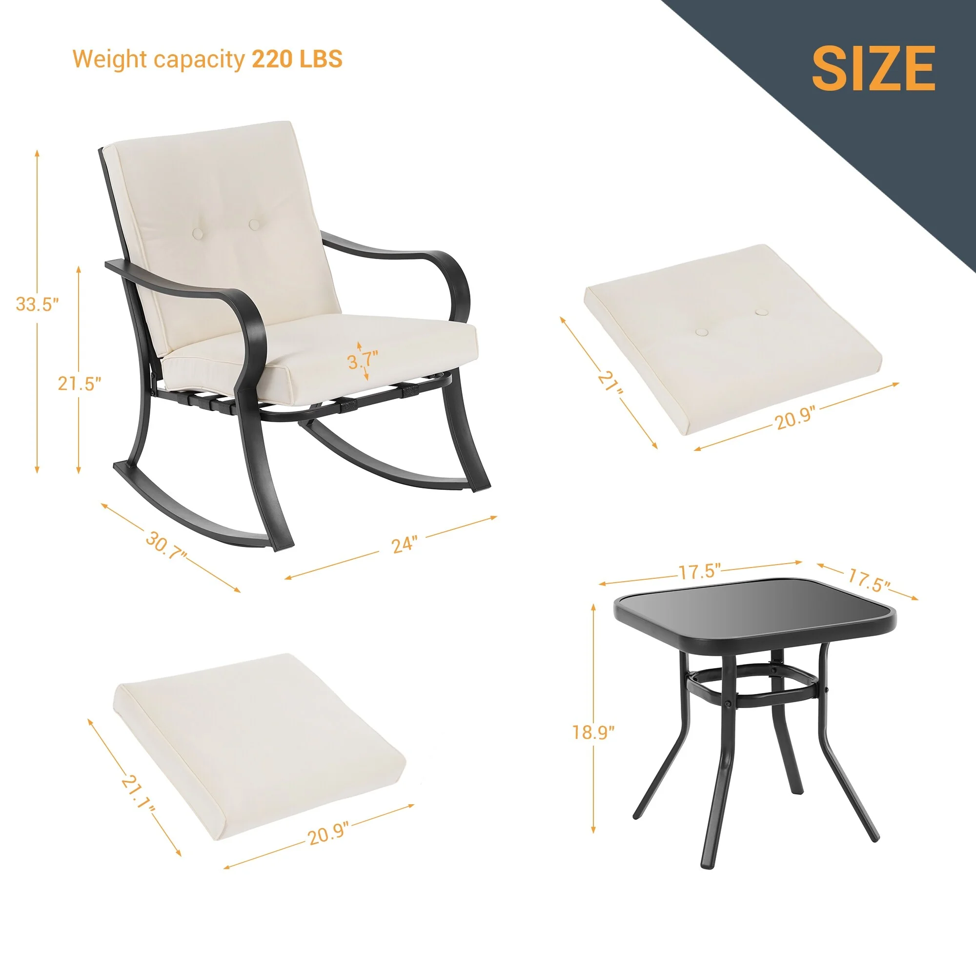 LIVOOSUN 3 Pcs Rocking Chairs,Patio Bistro Furniture Set w/Frame Table White