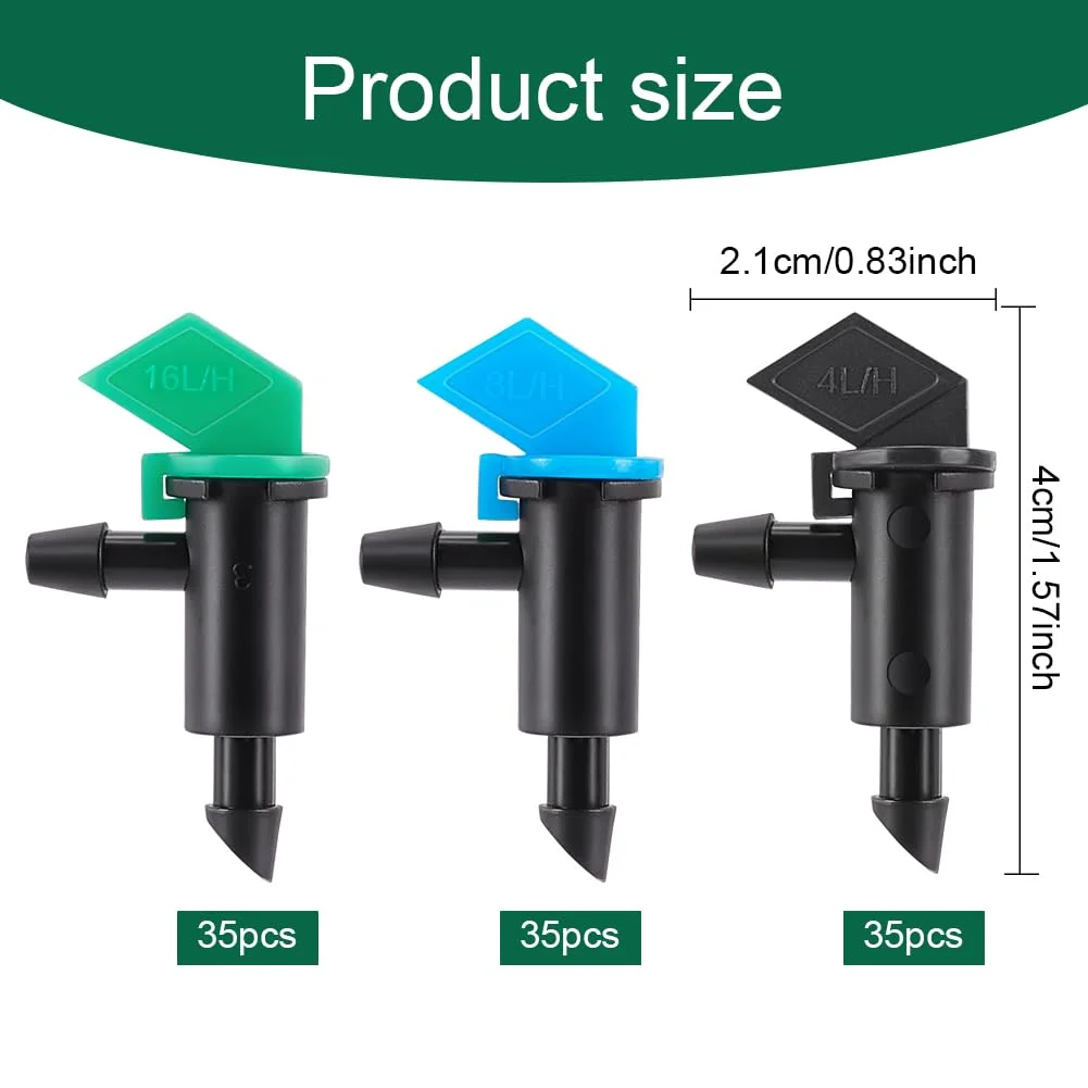 105Pcs 3 Sizes 360 Degree Adjustable Irrigation Drippers Garden Flag Watering Dripper Drip Flow Irrigation System Plant Insert Drip Irrigation for Garden Irrigation System