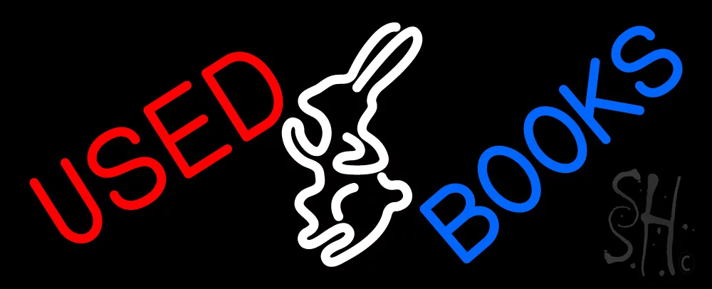 Used Books With Rabbit Logo LED Neon Sign 13 x 32 - inches, Black Square Cut Acrylic Backing, with Dimmer - Bright and Premium built indoor LED Neon Sign for Defence Force.