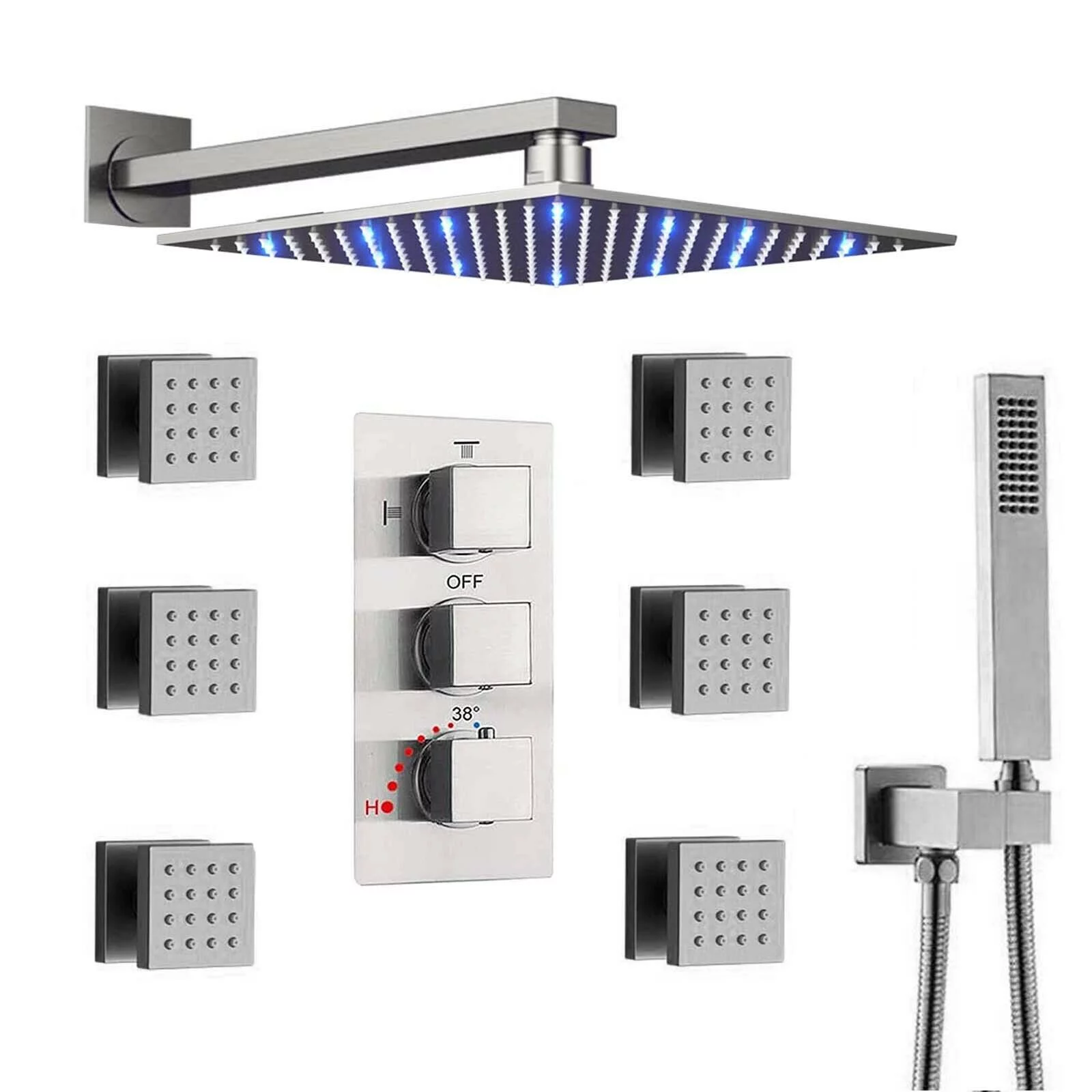 Zovajonia Shower System 12 Inches LED Thermostat Shower Faucet Set,   Rain Shower Head with Handheld Spray laundry jet system  Bathroom Wall Mount Shower Fixtures Brushed Nickel