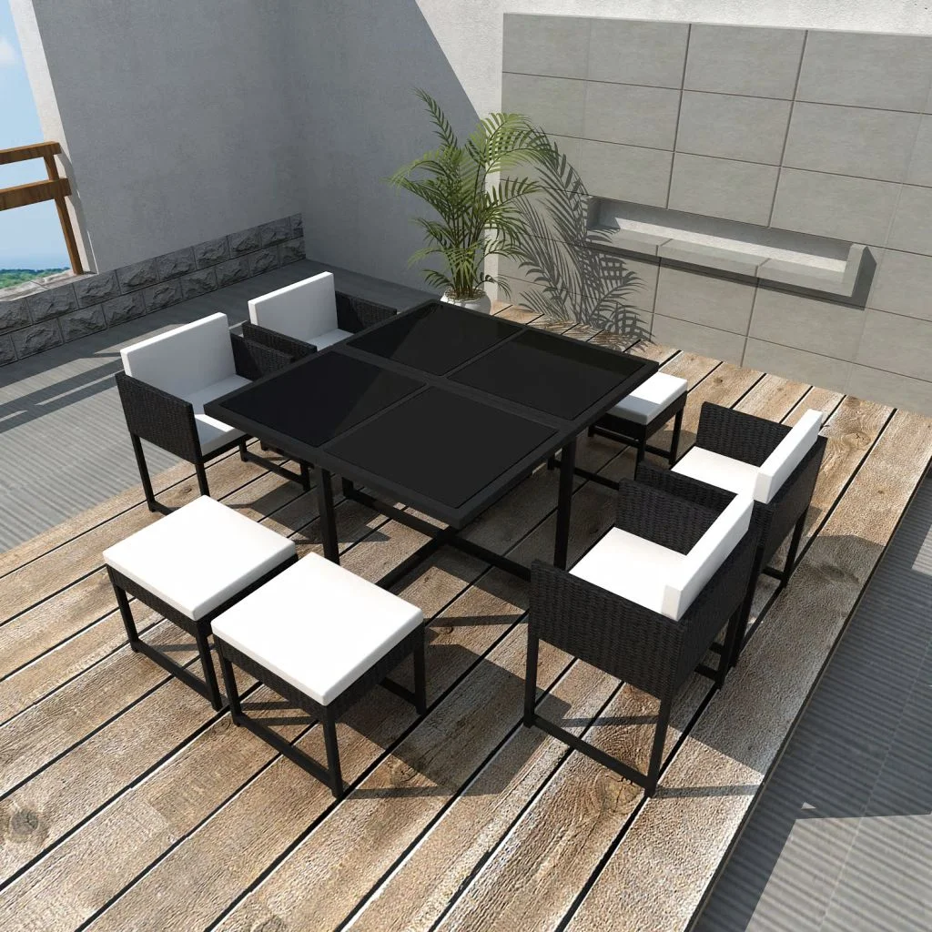 Andoer 9 Piece  Dining Set with Cushions Poly Rattan Black