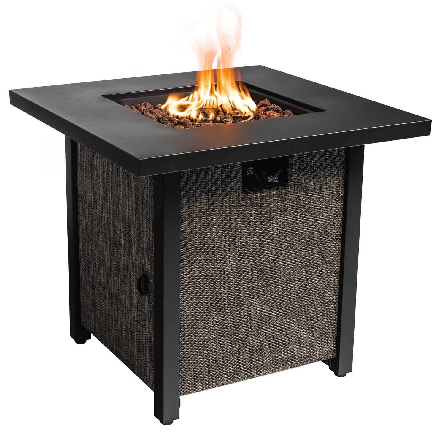 Durable 40000BTU Propane Fire Pit Table with Steel Tabletop  Textilene Side Panel  Lid  and Rocks - Square Steel Design for Outdoor Use