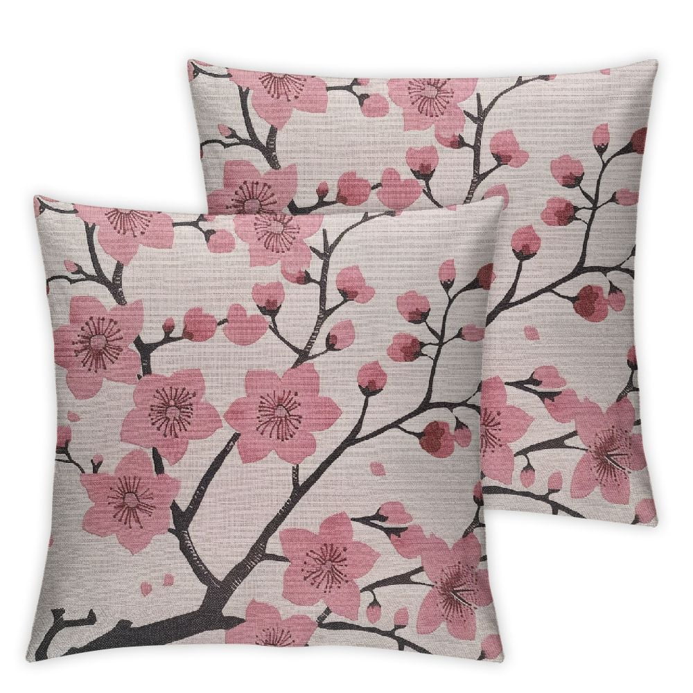 Nawypu Spring Pillow Decorative Throw Pillow Covers, Pink Chinese Cherry Blossom Flower Japan Plum Branch Double Sided Square Pillow Cases Pillowcase Sofa Cushion,2 Pcs