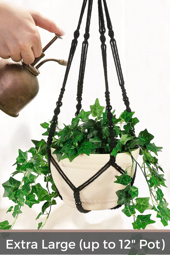 Shineloha 43 Inches Macrame Plant Hanger Large for up to 12 inch Pot Extra Long + Hook | No Tassel, Cotton Rope Hanging Plant Holder with Swag Hook, NO Plant/Pot Included (Black)