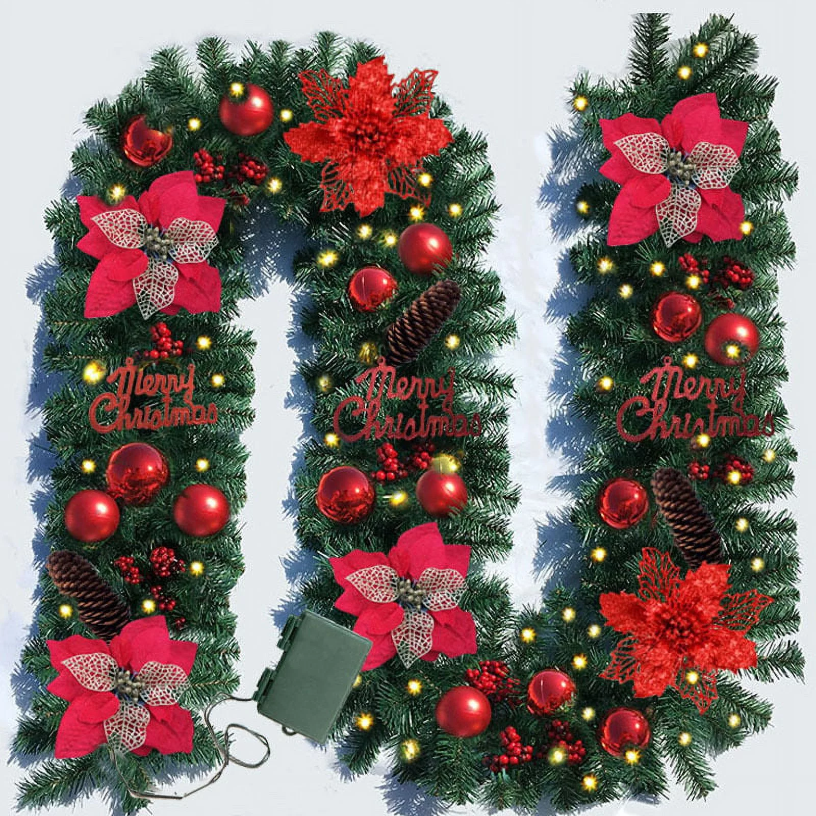9FT Christmas Garlands with Lights Xmas Holiday Garlands for Stairs Fireplace for Stairs Xmas Tree Decor Home Christmas DecorationsA2