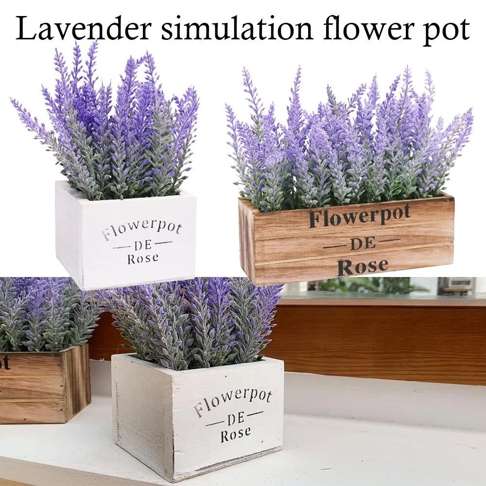 Artificial Lavender Flower Pot Simulation Lavender Pot Fake Flower Plant with Wooden box