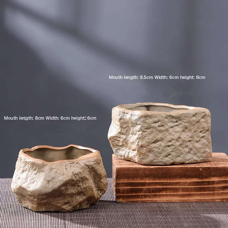 Rough Ceramic Small Stone Succulent Plant Ceramic Flower Pot Retro And Simple New Suite New Set Combined Potting With Holes 1 Coarse Pottery Medium Stone Ceramic