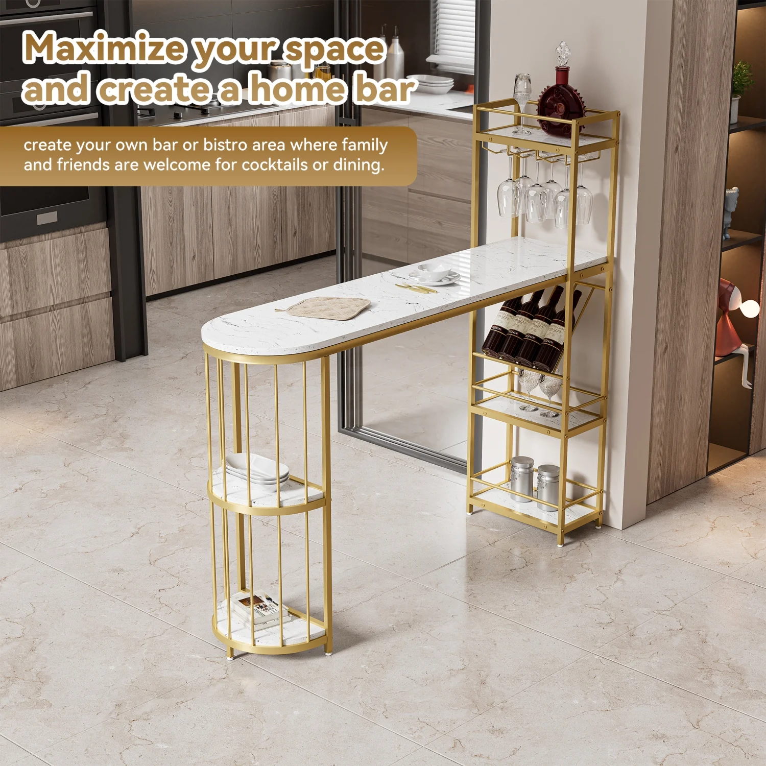 63” Modern White Kitchen Bar Height Dining Table Wood Breakfast Pub Table with Gold Base with Shelves  Glass Rack  Wine Bottle Rack