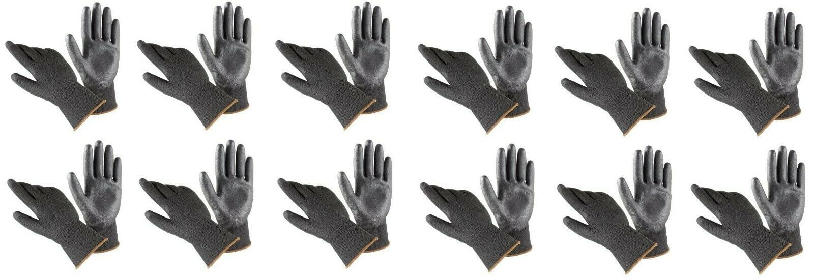 (12) LARGE Safety Work Polyurethane Coated Palm Garden Black Polyester Gloves PU