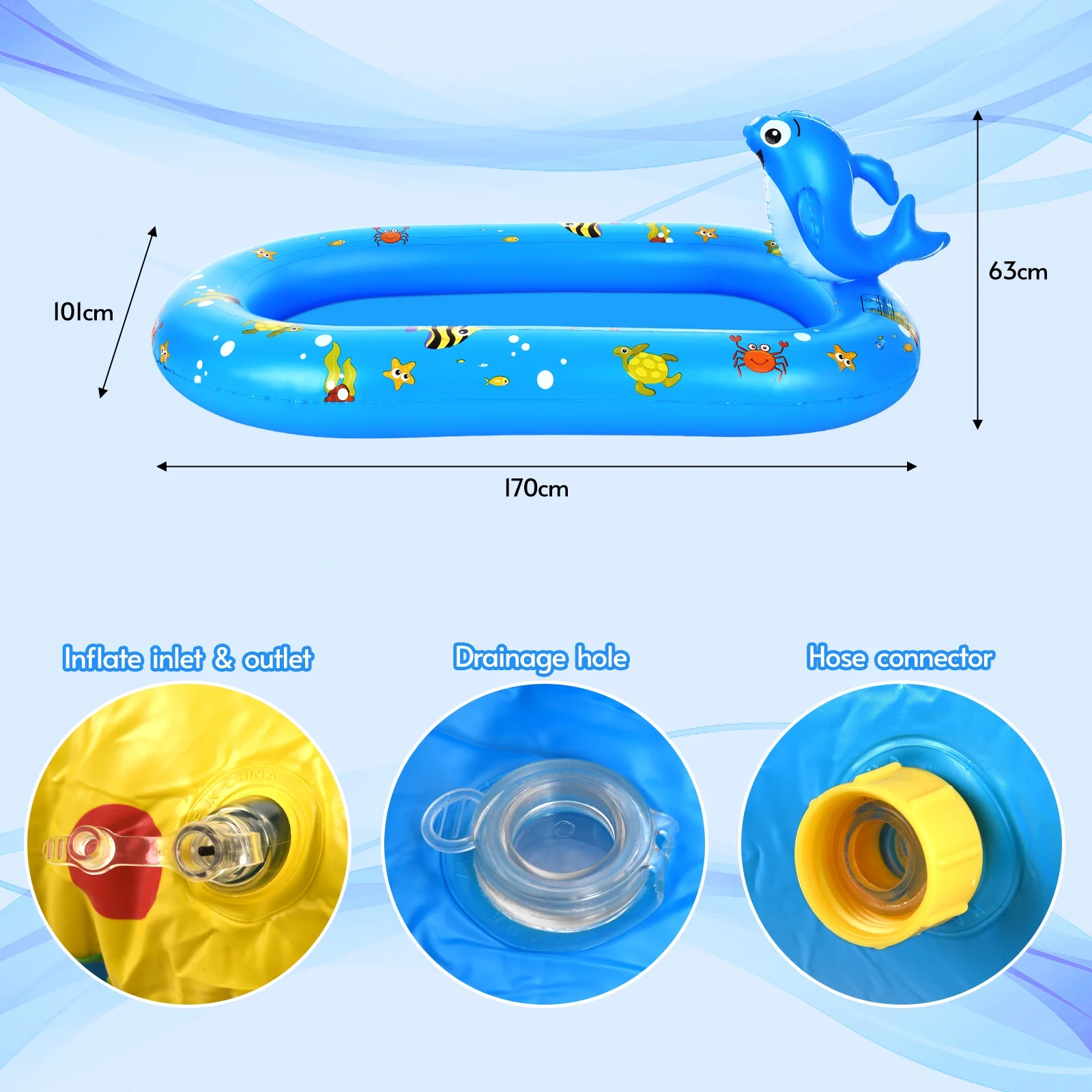 Spray Fountain,170 * 67 Dolphin Kiddie Pool Pad Pool Summer 67 * 40in Cute Water Pad Inflatable Sprinkler Pool Sprinkler Kids Dsfen Pool With Sprinkler Poollawn Spray 67 Pool With
